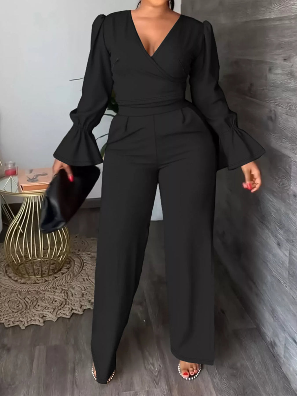 Plus Size Flounce Sleeve Top and Pants Set - Godess beauty  #