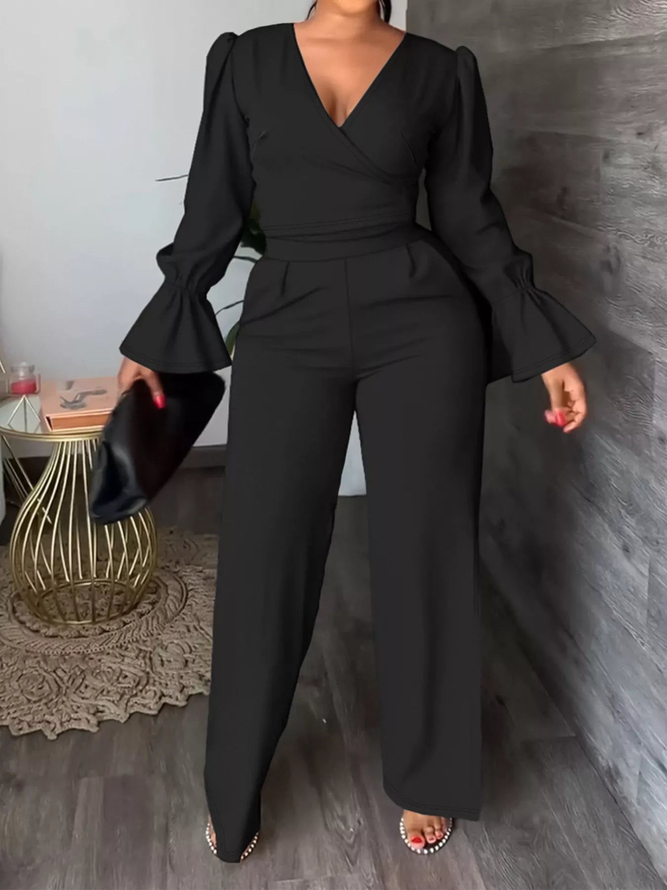 Plus Size Flounce Sleeve Top and Pants Set - Godess beauty  #