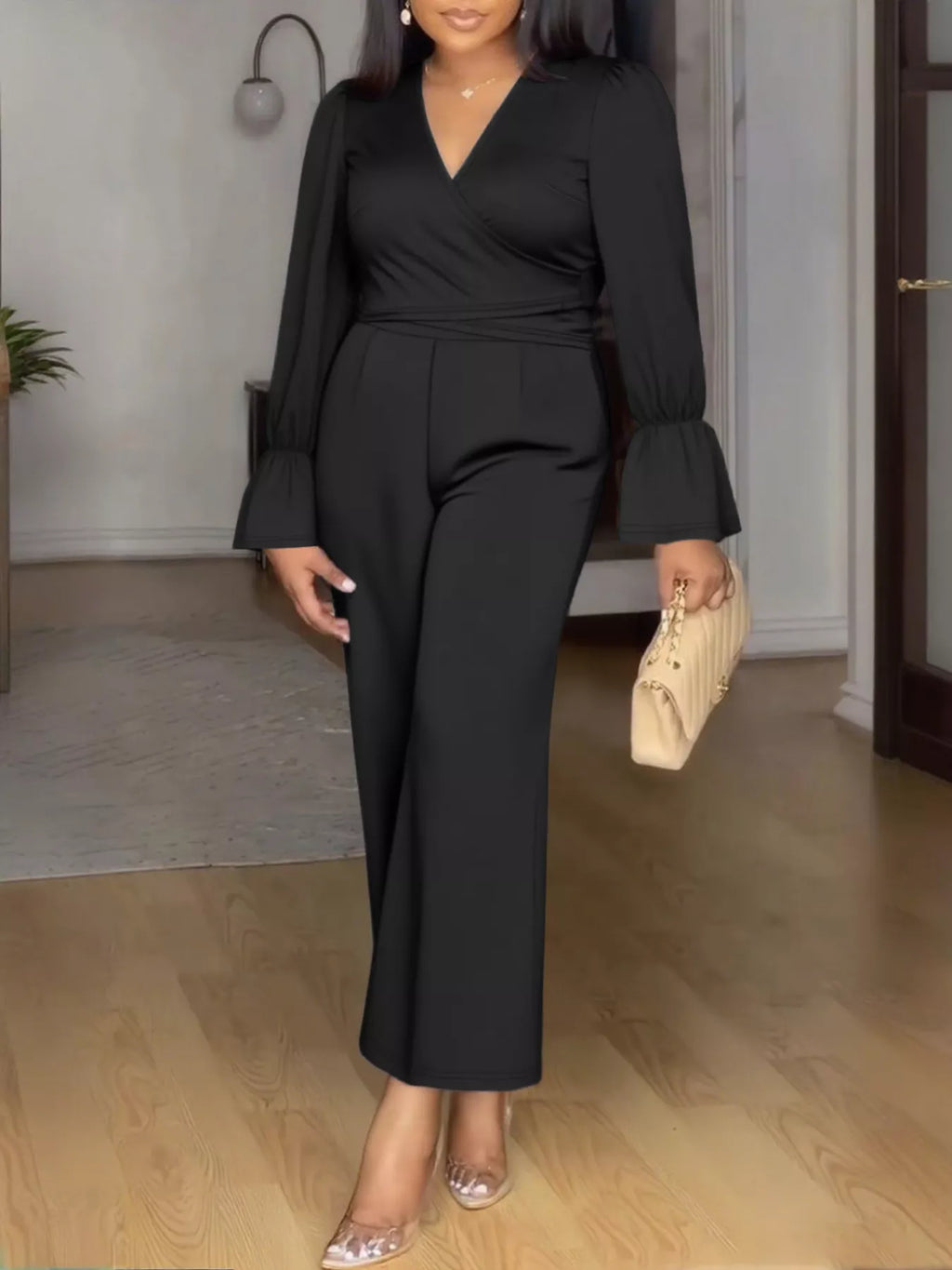 Plus Size Flounce Sleeve Top and Pants Set - Godess beauty  #