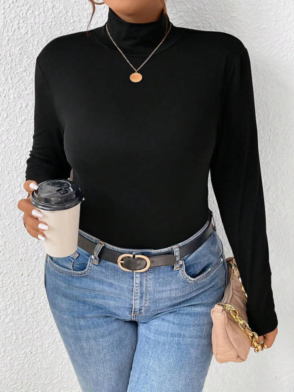 Plus Size Long Sleeve Fitted Turtleneck T-Shirt - Godess beauty  #