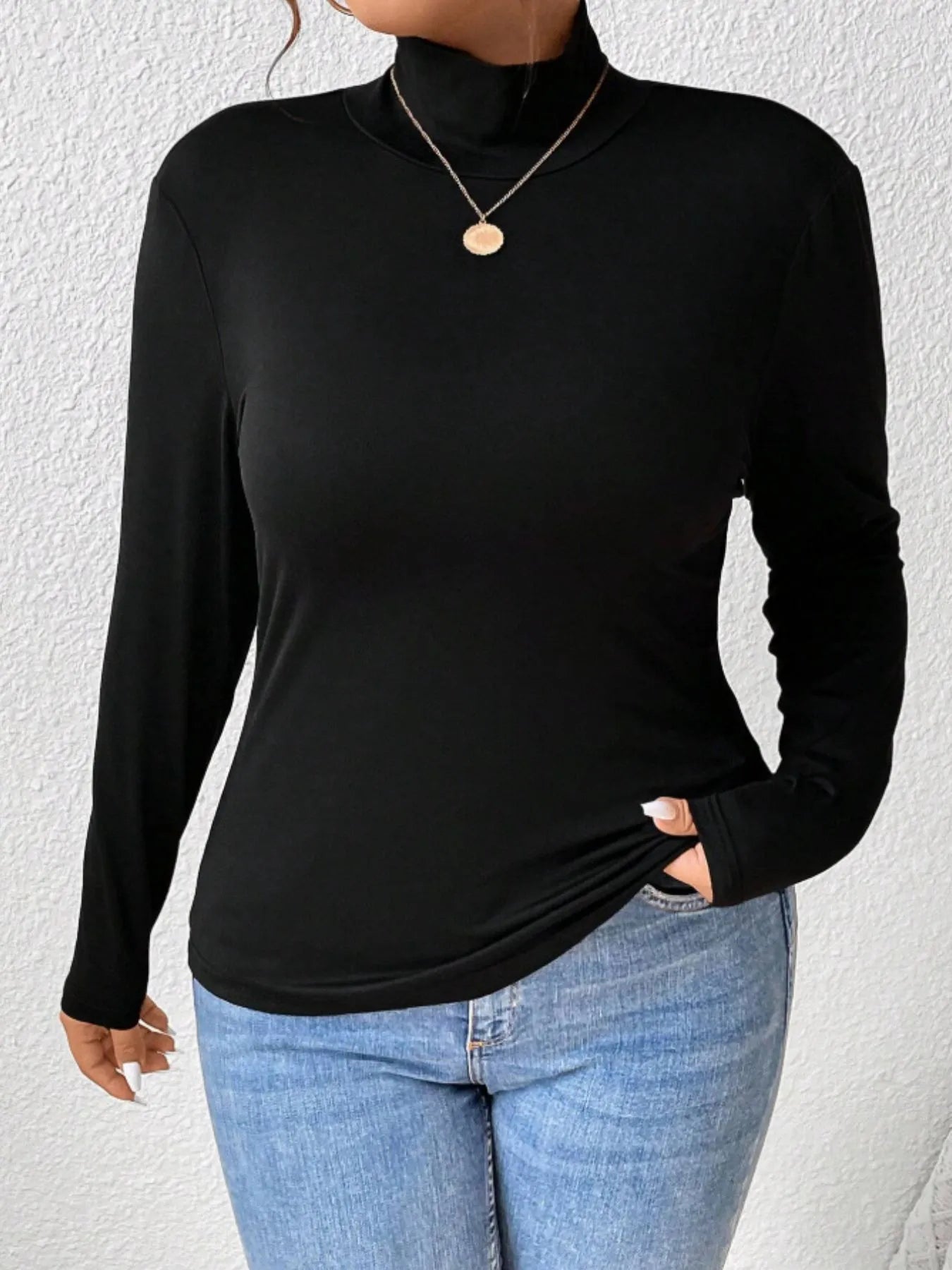 Plus Size Long Sleeve Fitted Turtleneck T-Shirt - Godess beauty  #