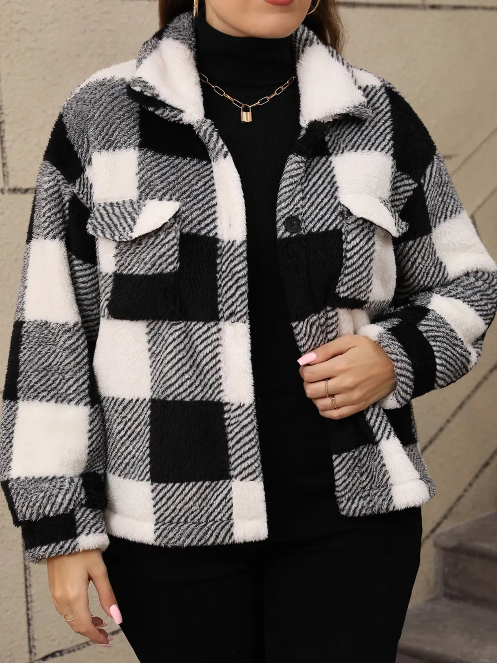 Plus Size Pocketed Plaid Collared Neck Jacket - Godess beauty  #