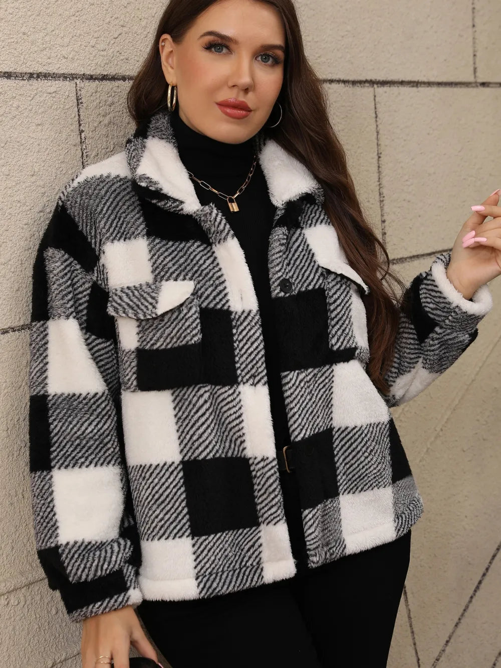 Plus Size Pocketed Plaid Collared Neck Jacket - Godess beauty  #