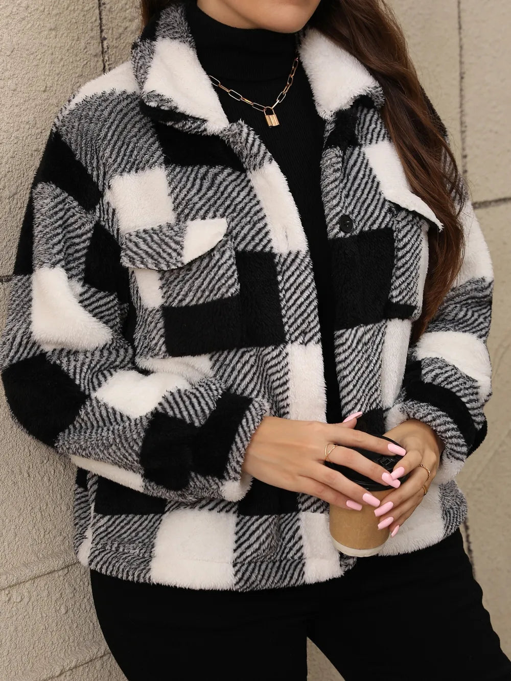 Plus Size Pocketed Plaid Collared Neck Jacket - Godess beauty  #