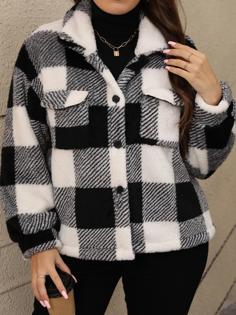 Plus Size Pocketed Plaid Collared Neck Jacket - Godess beauty  #