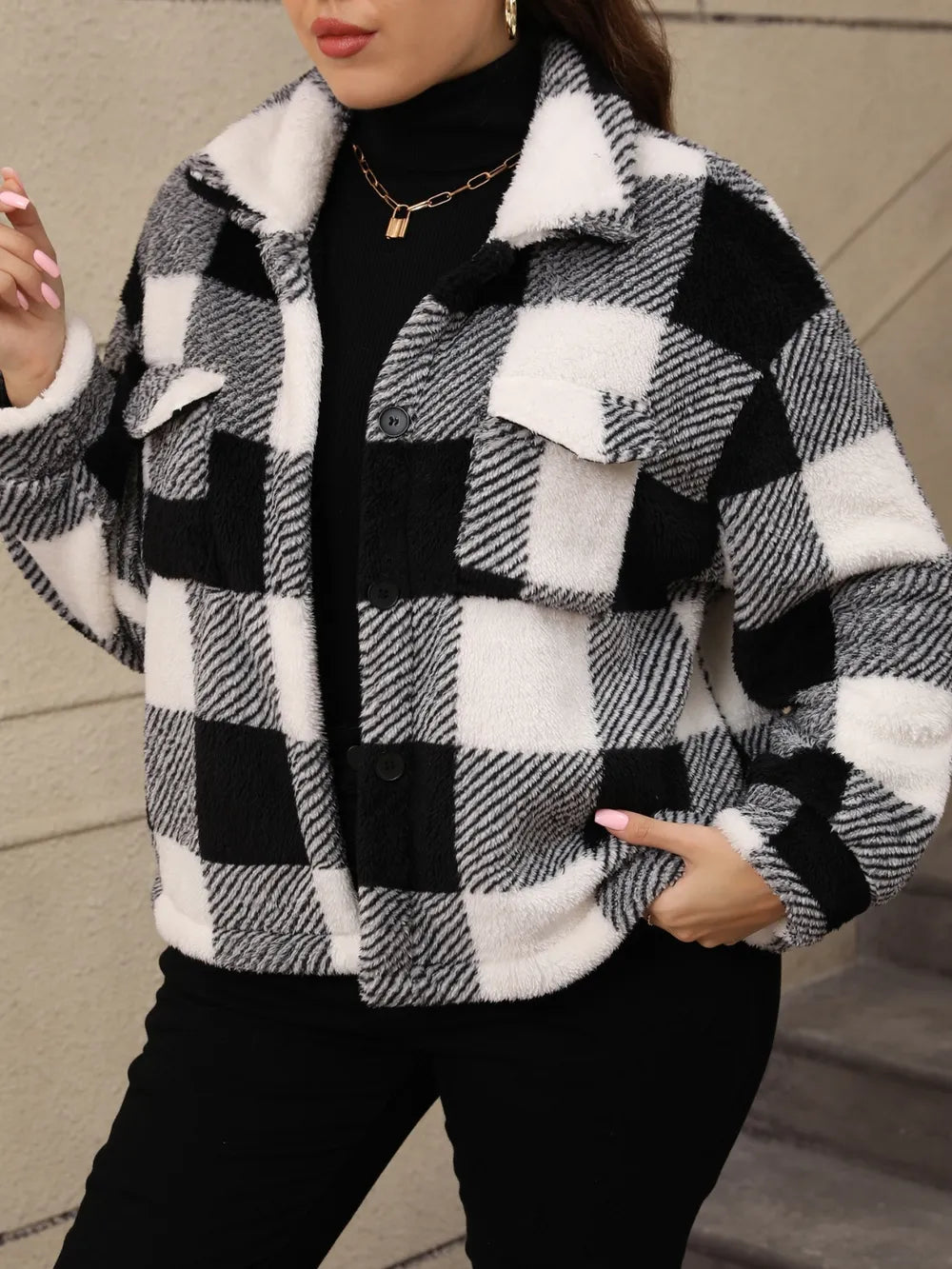 Plus Size Pocketed Plaid Collared Neck Jacket - Godess beauty  #