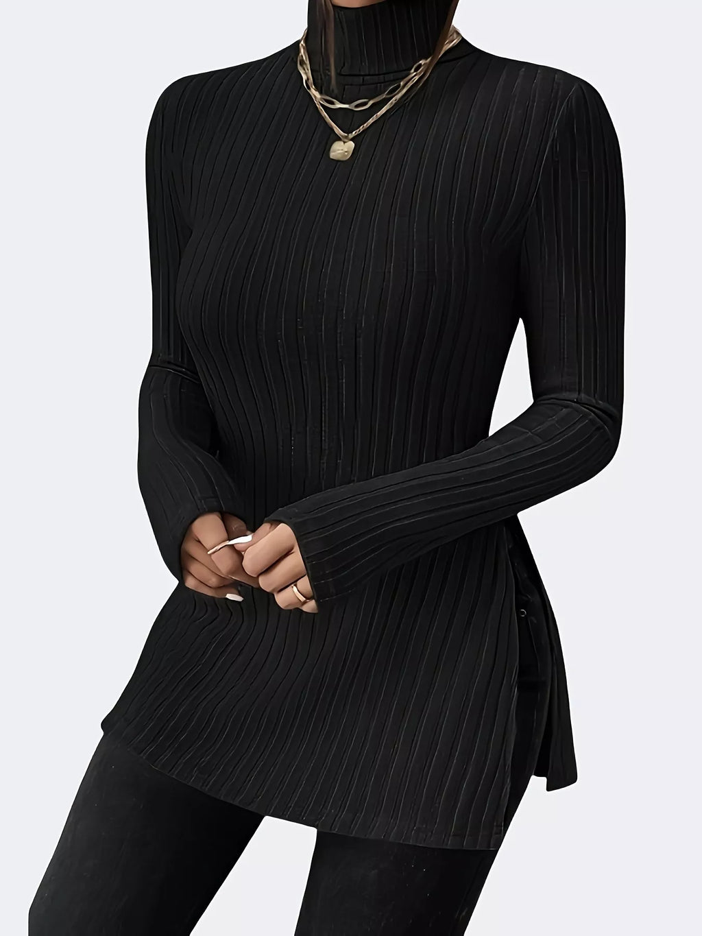 Plus Size Slit Ribbed Turtleneck Long Sleeve T-Shirt - Godess beauty  #