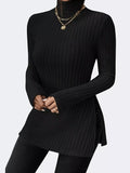 Plus Size Slit Ribbed Turtleneck Long Sleeve T-Shirt - Godess beauty  #