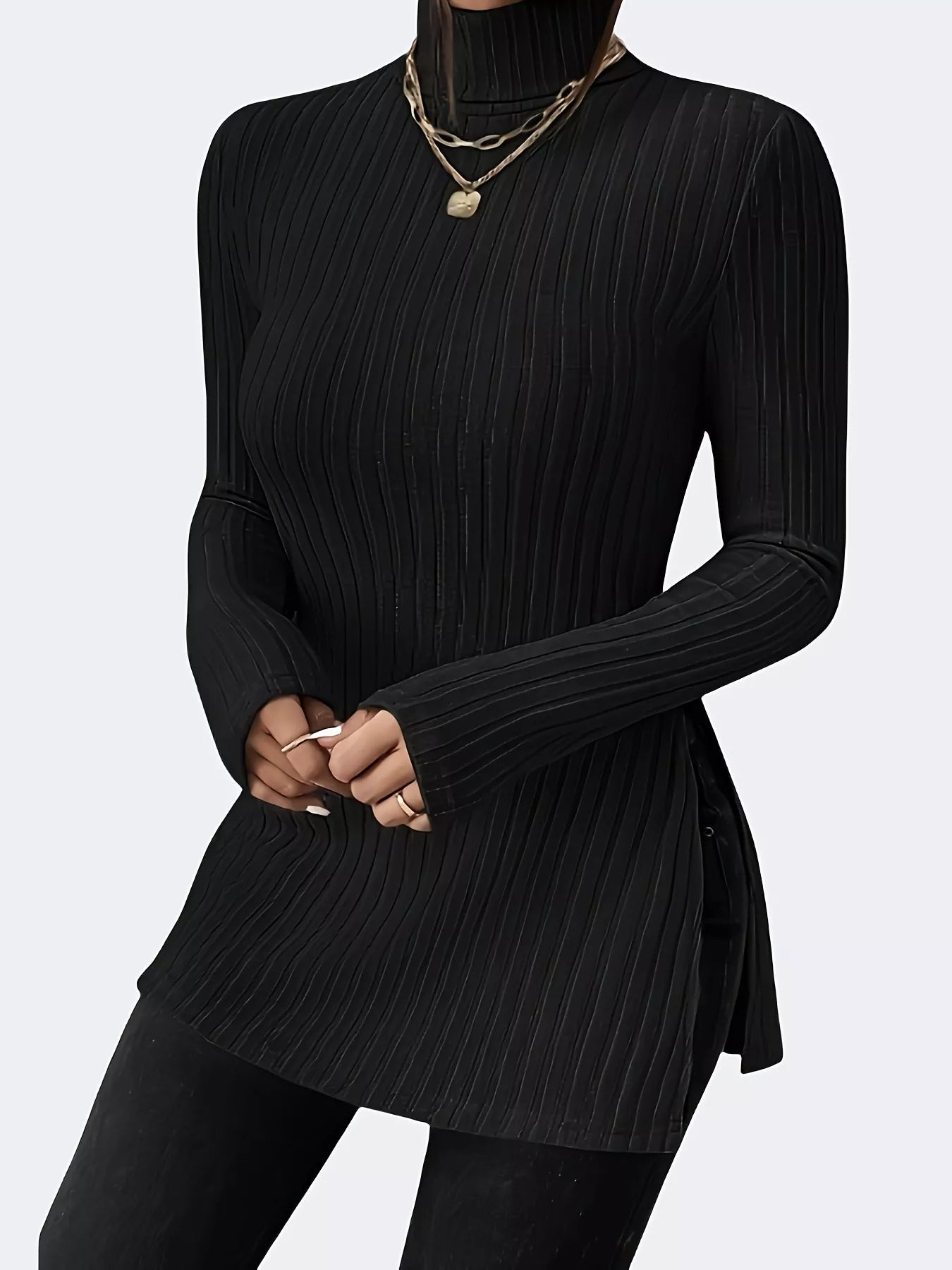 Plus Size Slit Ribbed Turtleneck Long Sleeve T-Shirt - Godess beauty  #