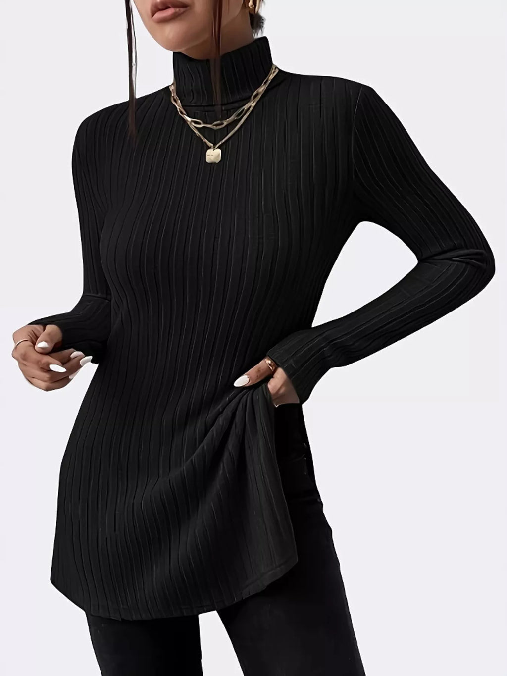 Plus Size Slit Ribbed Turtleneck Long Sleeve T-Shirt - Godess beauty  #
