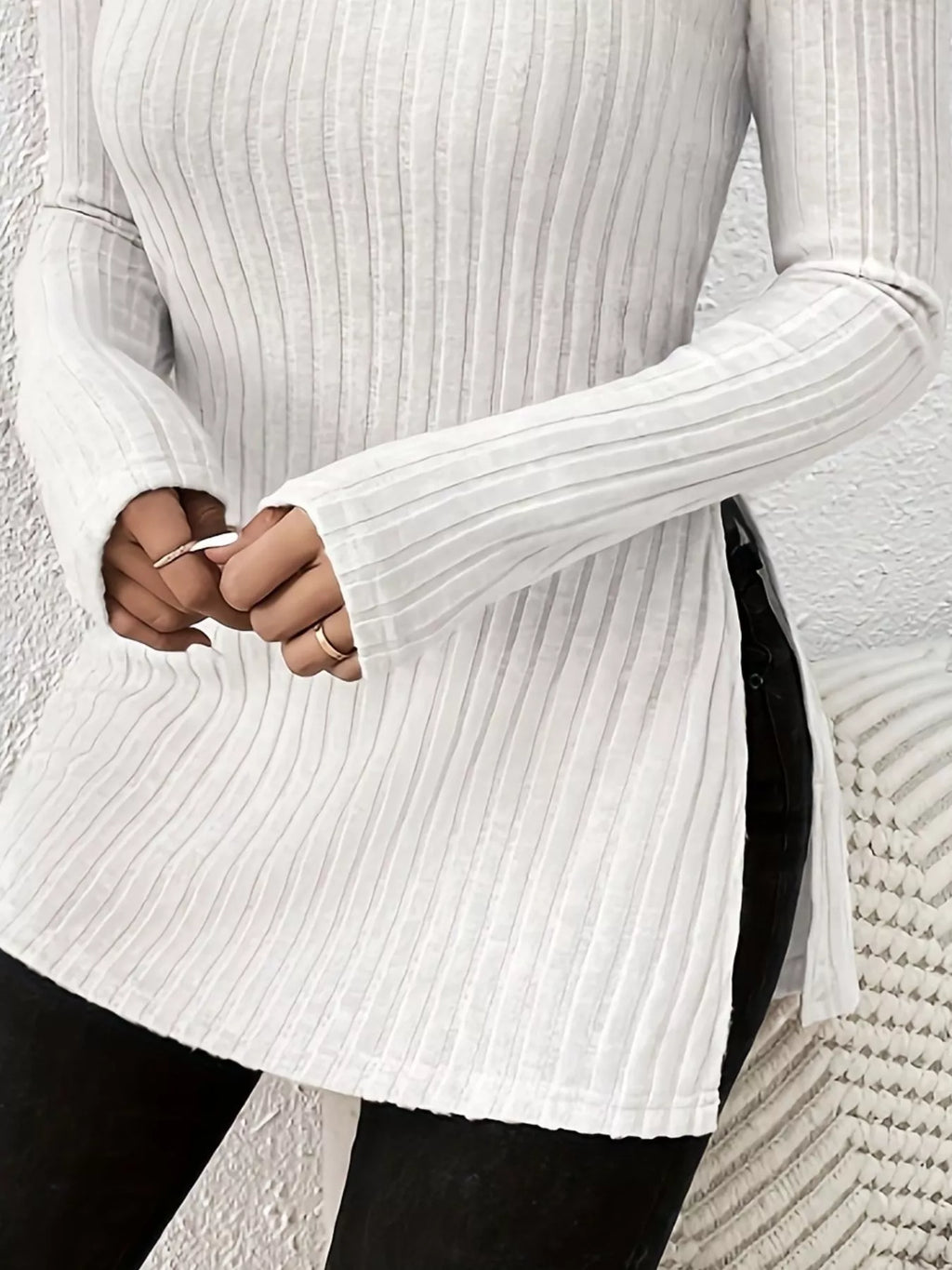 Plus Size Slit Ribbed Turtleneck Long Sleeve T-Shirt - Godess beauty  #