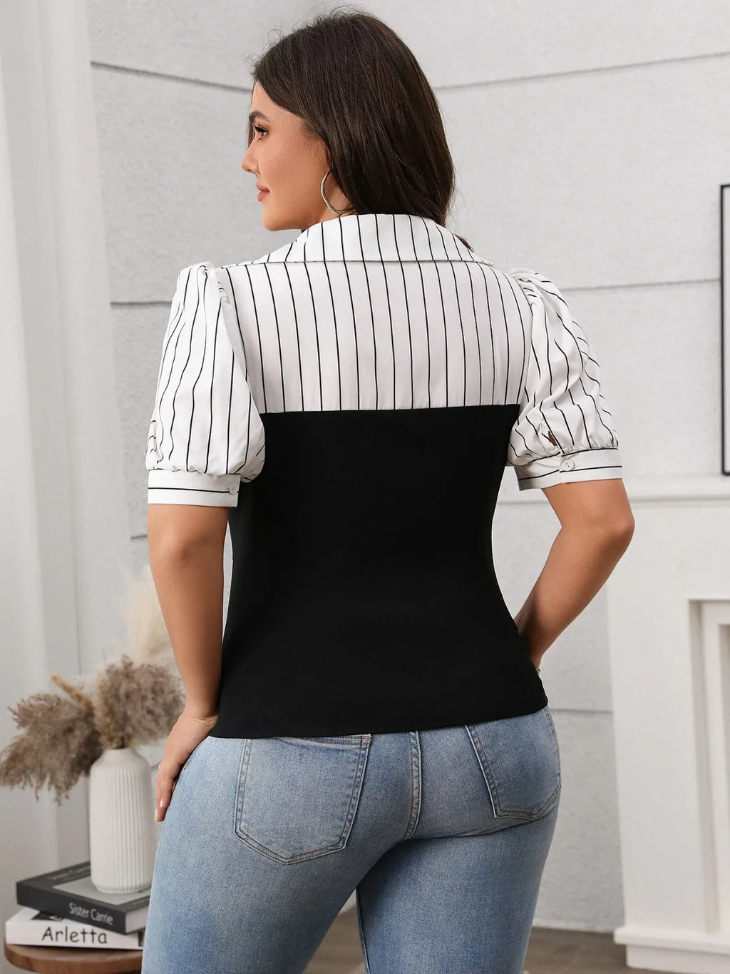 Plus Size Striped Johnny Collar Short Sleeve Blouse - Godess beauty  #