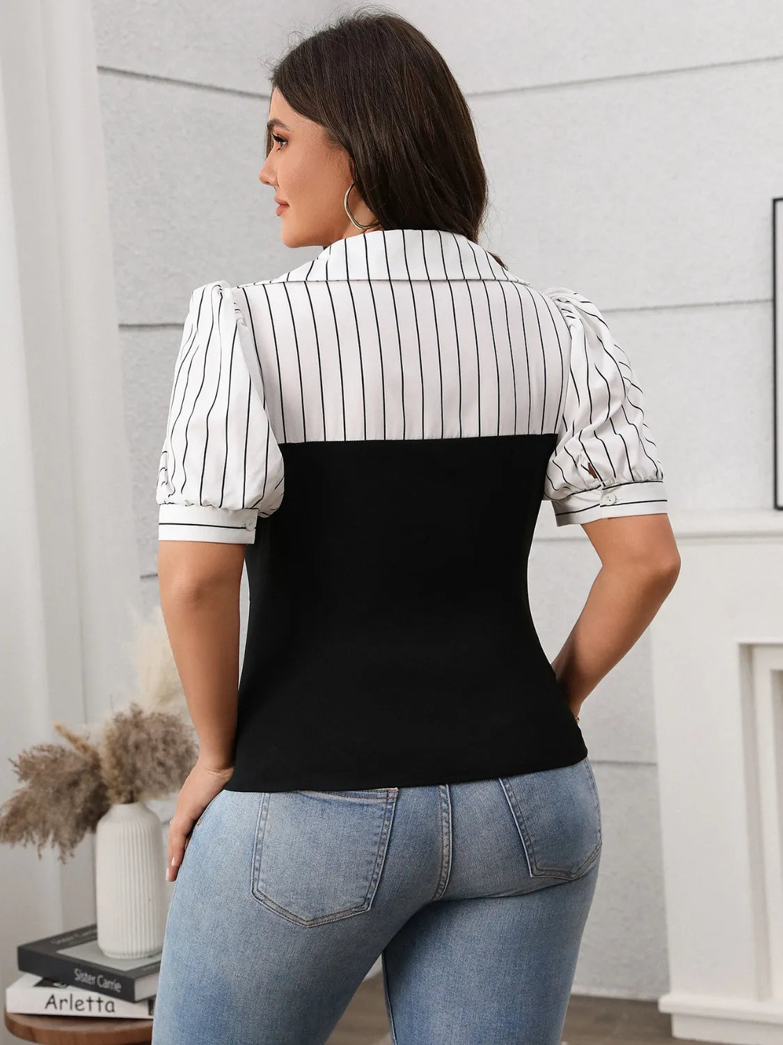 Plus Size Striped Johnny Collar Short Sleeve Blouse - Godess beauty  #
