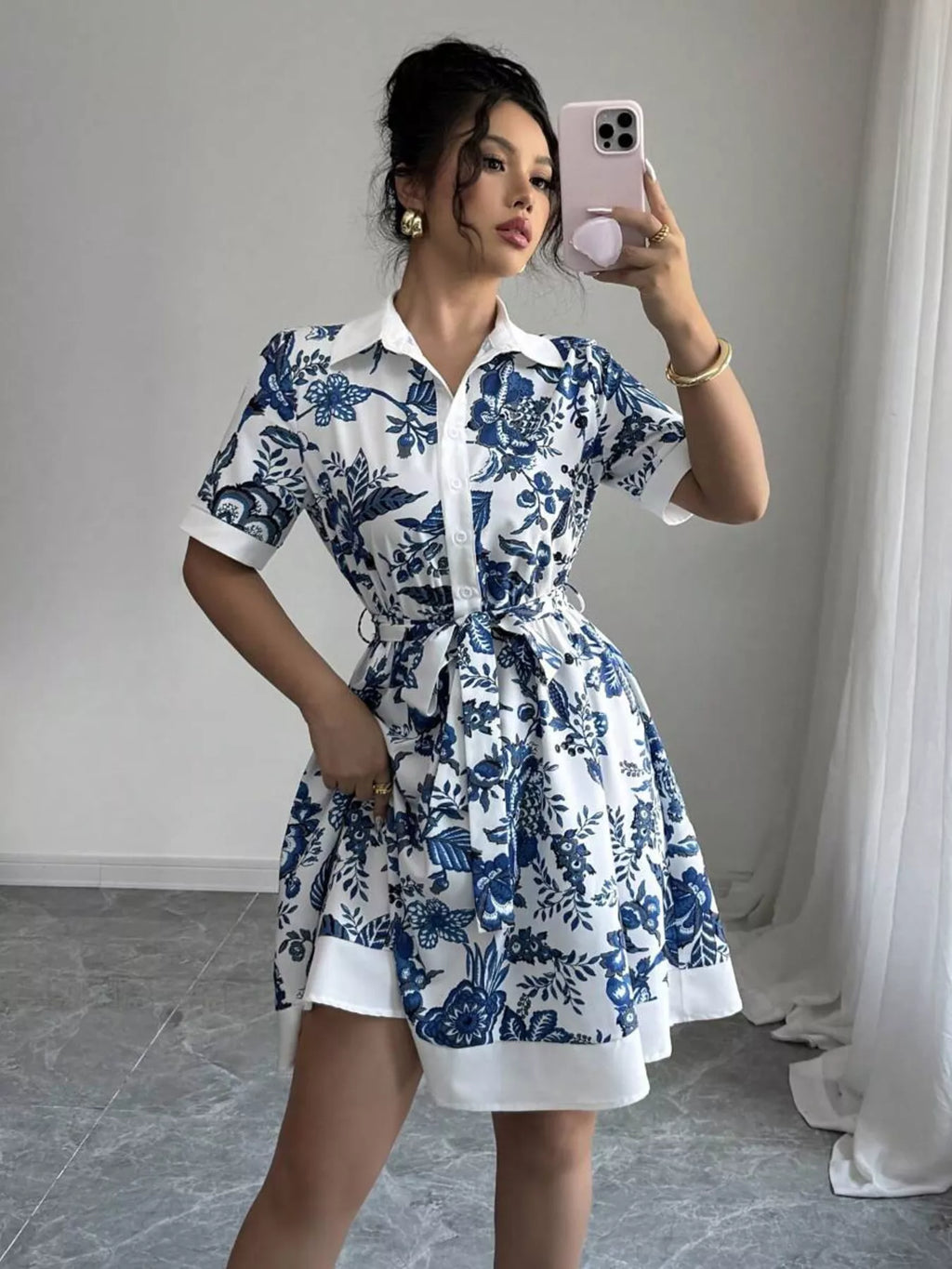 Printed Button Front Mini Dress - Godess beauty  #