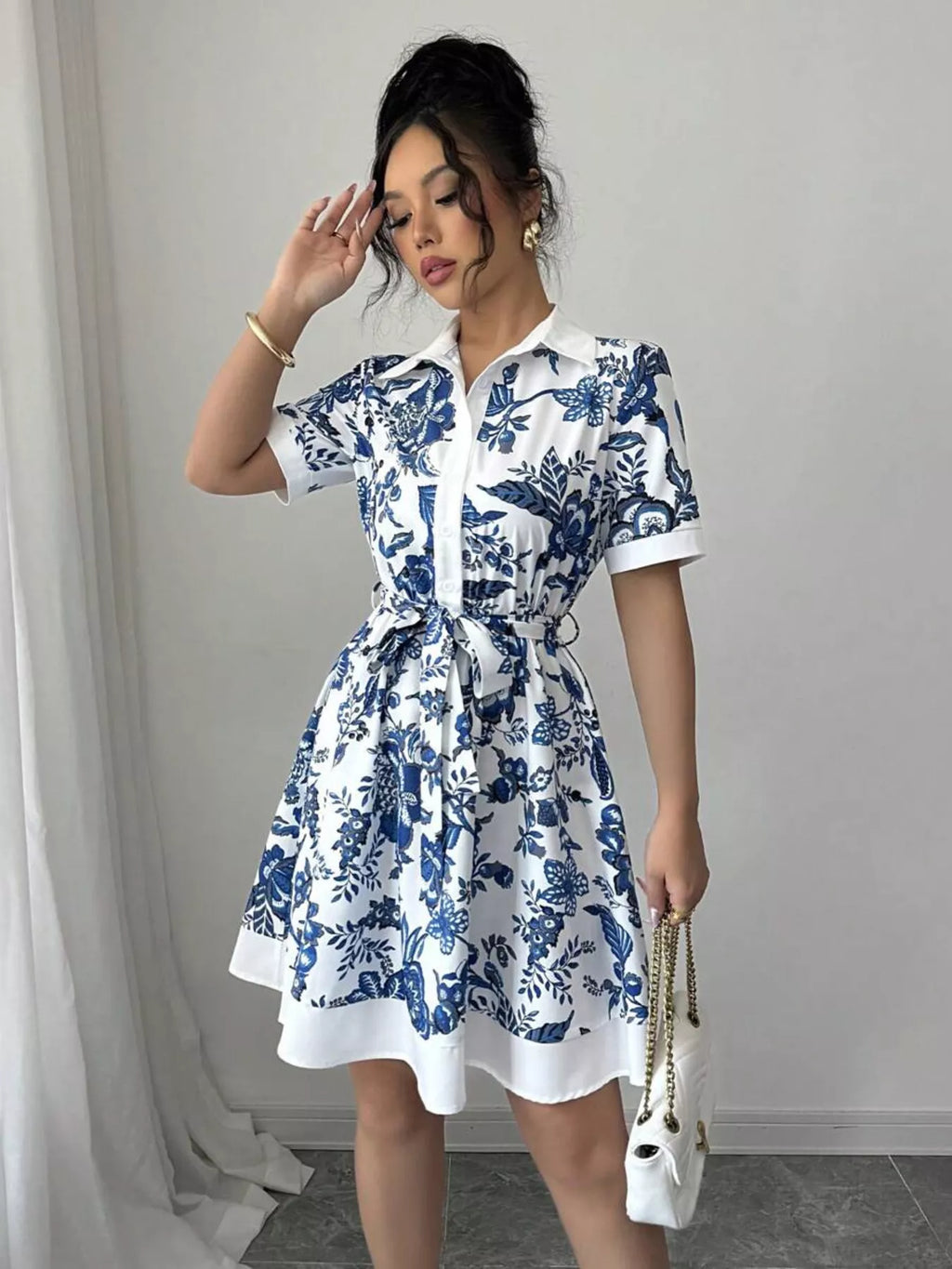 Printed Button Front Mini Dress - Godess beauty  #