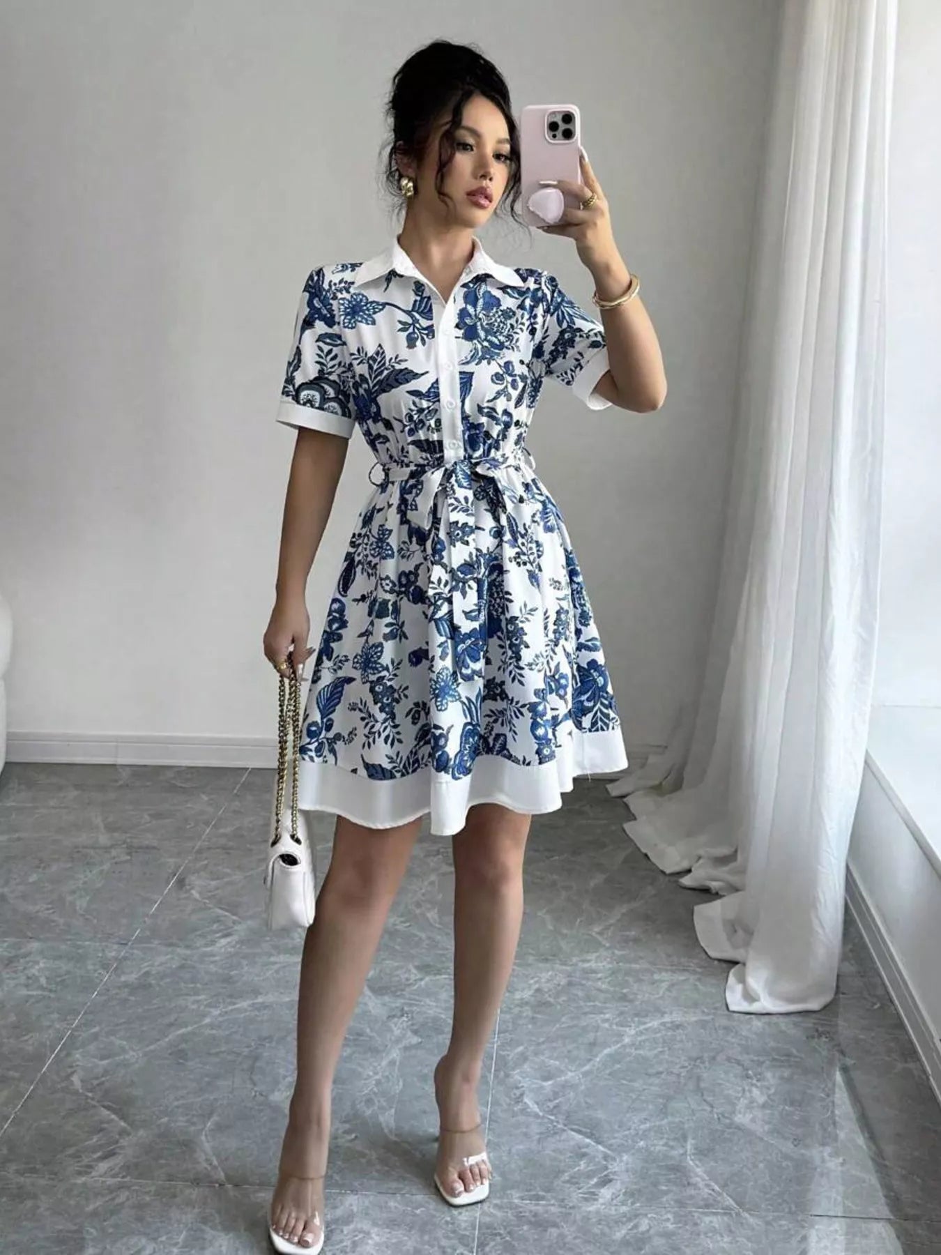 Printed Button Front Mini Dress - Godess beauty  #