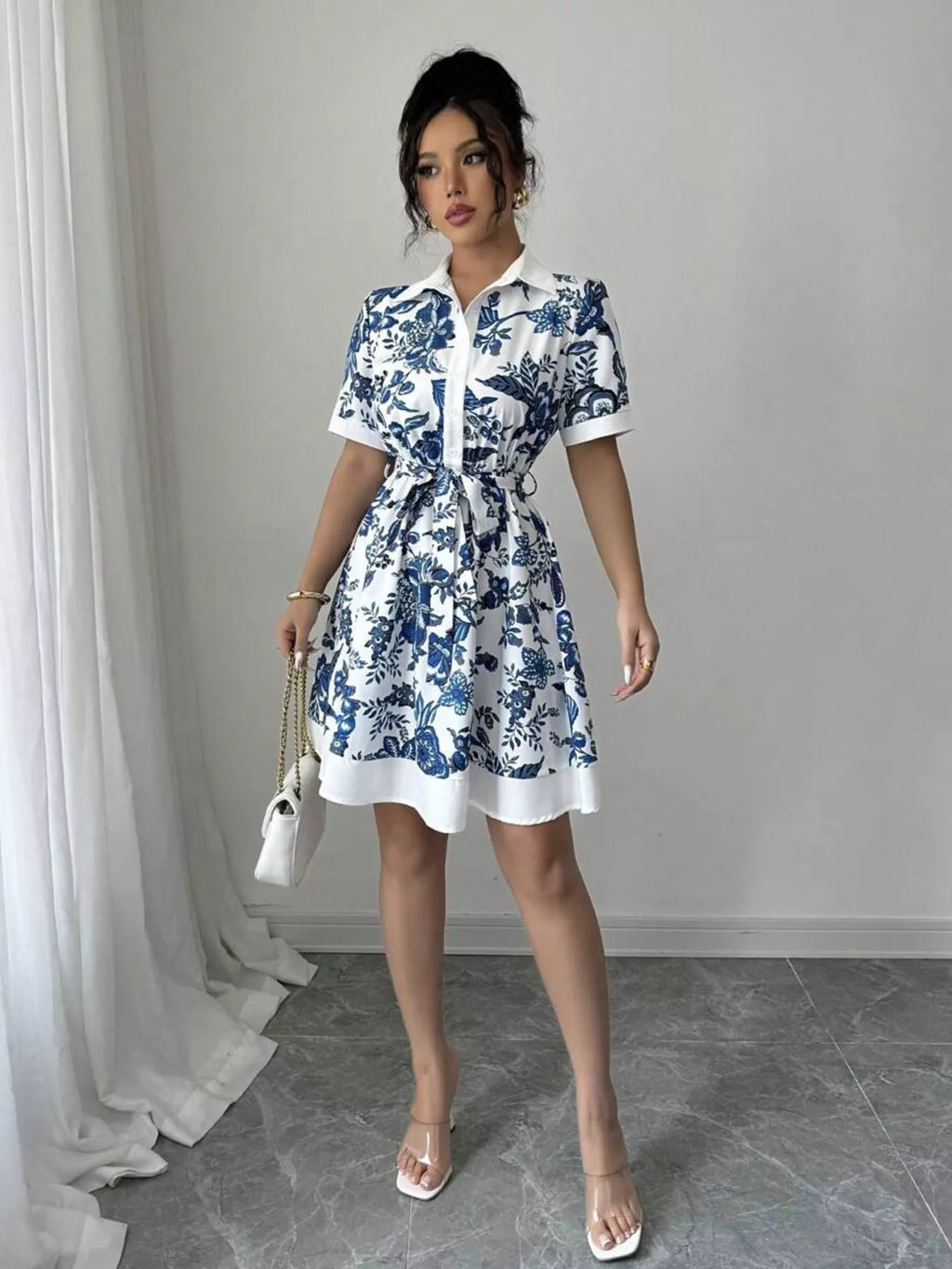Printed Button Front Mini Dress - Godess beauty  #
