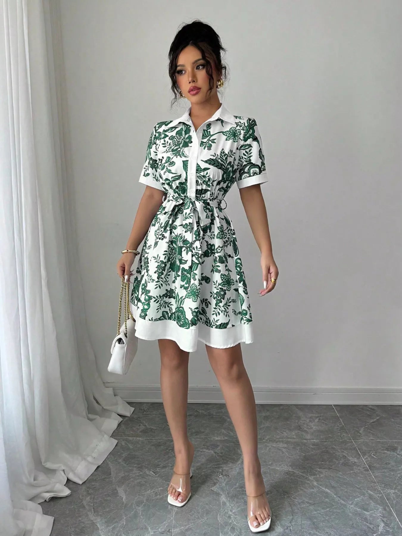 Printed Button Front Mini Dress - Godess beauty  #