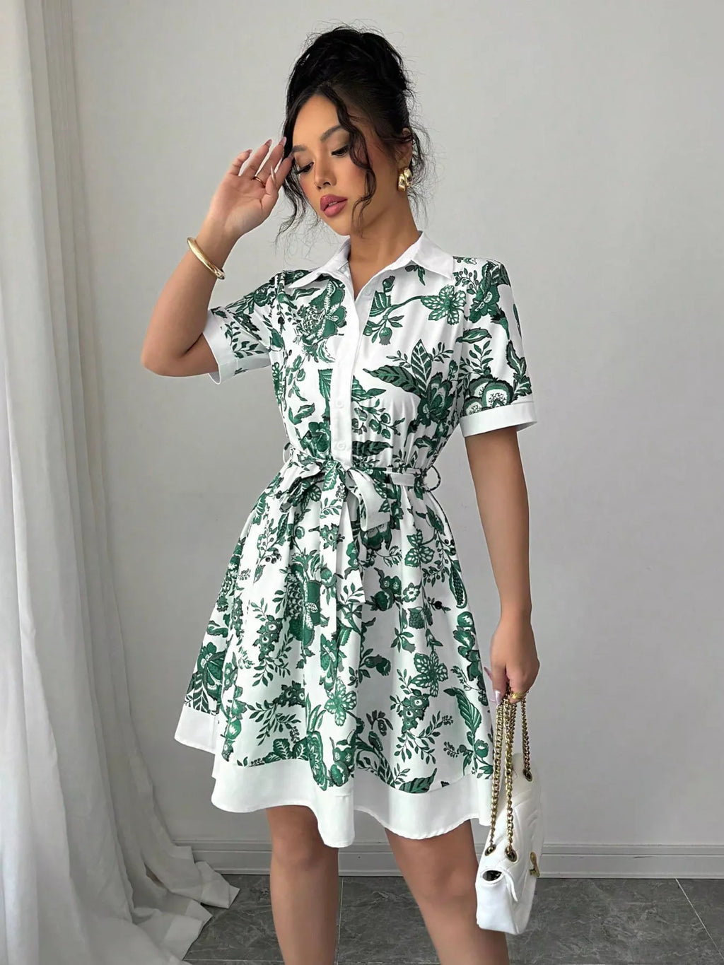 Printed Button Front Mini Dress - Godess beauty  #