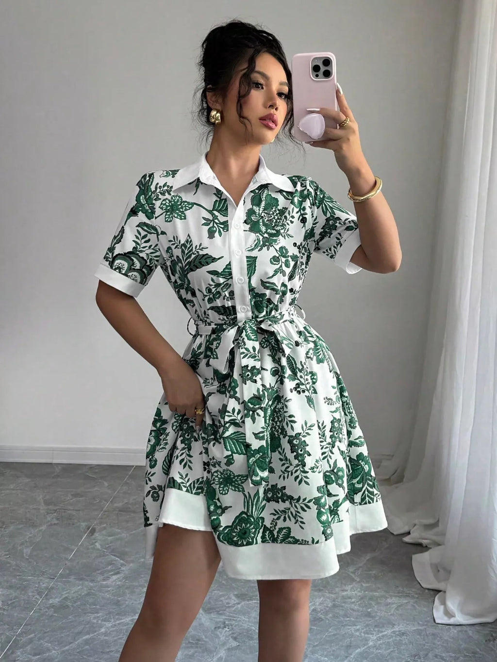 Printed Button Front Mini Dress - Godess beauty  #