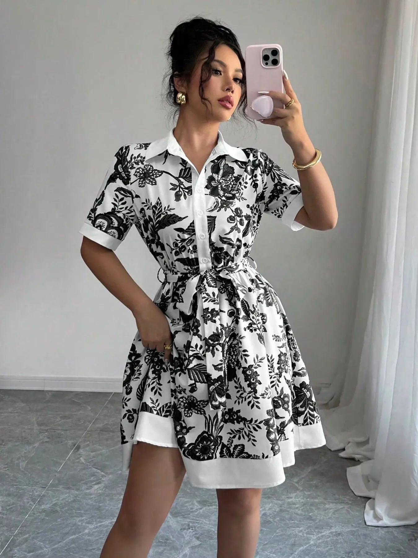 Printed Button Front Mini Dress - Godess beauty  #