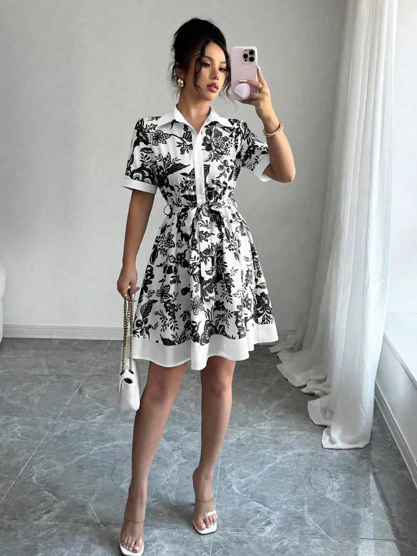 Printed Button Front Mini Dress - Godess beauty  #