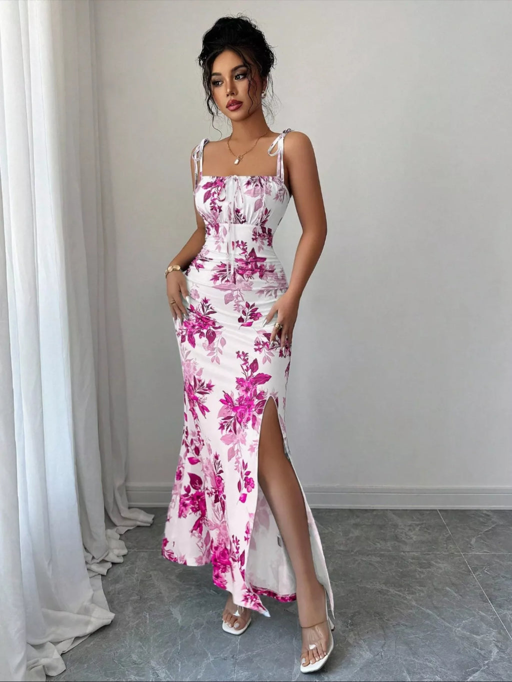Printed Tie Strap Slit Maxi Dress - Godess beauty  #