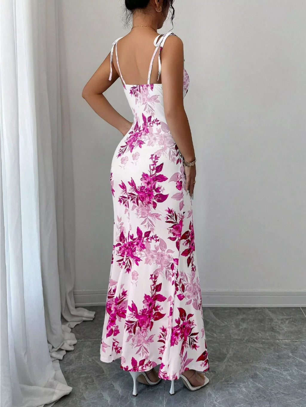 Printed Tie Strap Slit Maxi Dress - Godess beauty  #
