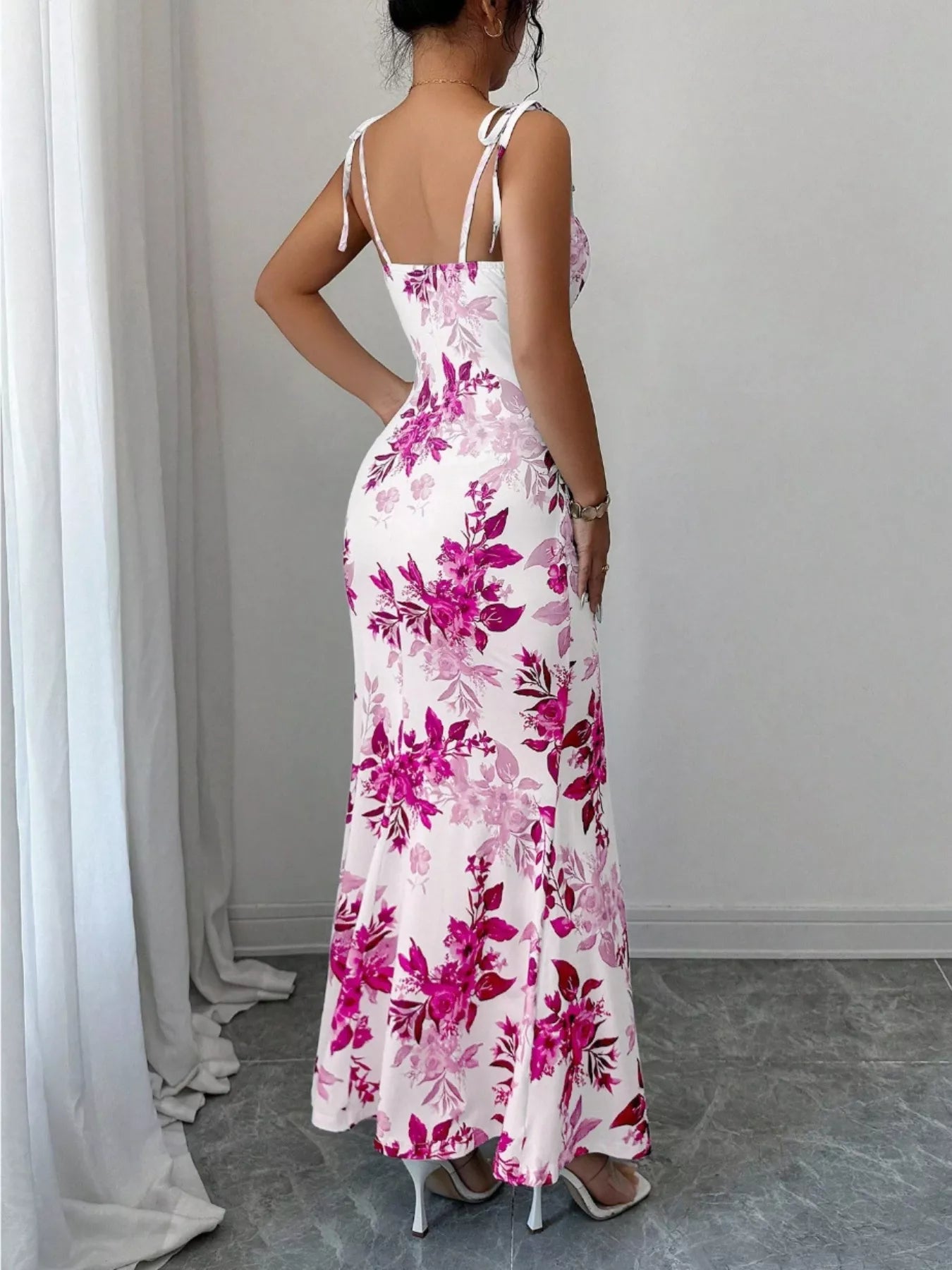 Printed Tie Strap Slit Maxi Dress - Godess beauty  #
