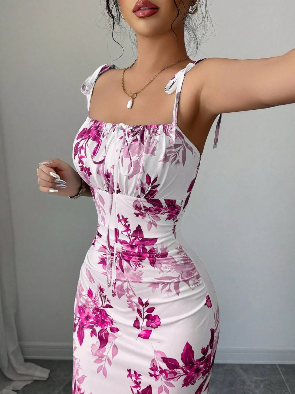 Printed Tie Strap Slit Maxi Dress - Godess beauty  #