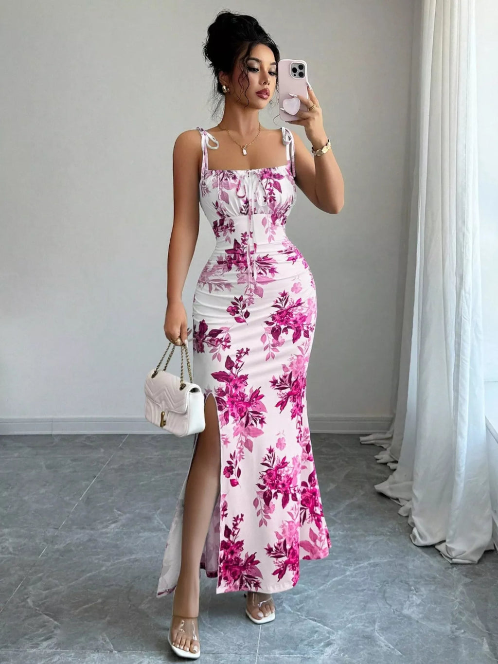Printed Tie Strap Slit Maxi Dress - Godess beauty  #