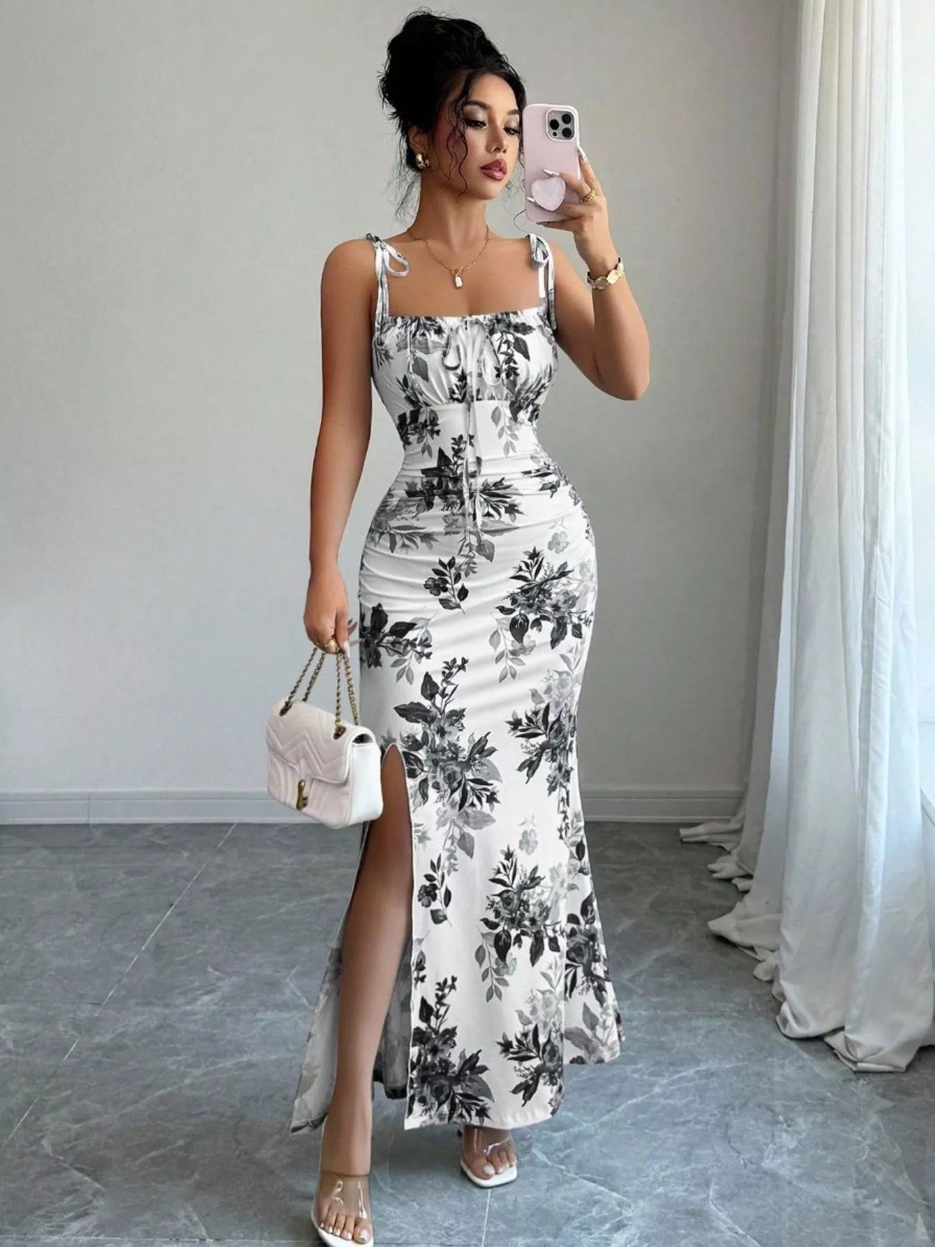 Printed Tie Strap Slit Maxi Dress - Godess beauty  #
