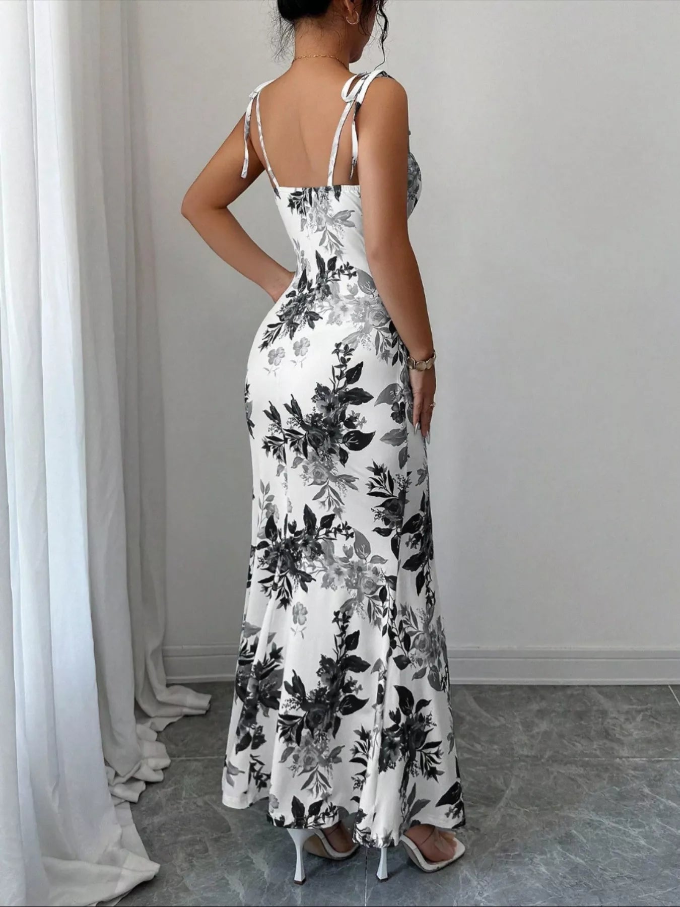 Printed Tie Strap Slit Maxi Dress - Godess beauty  #