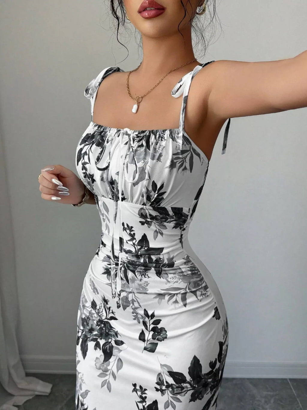 Printed Tie Strap Slit Maxi Dress - Godess beauty  #
