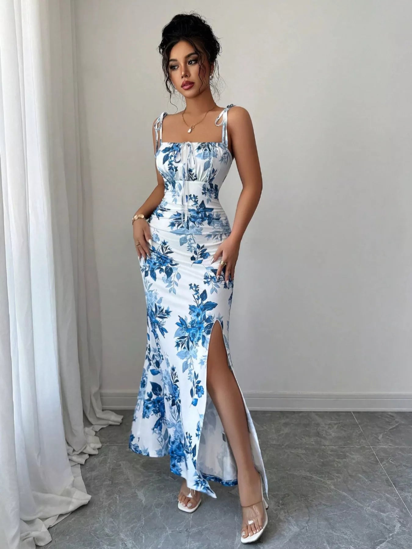Printed Tie Strap Slit Maxi Dress - Godess beauty  #