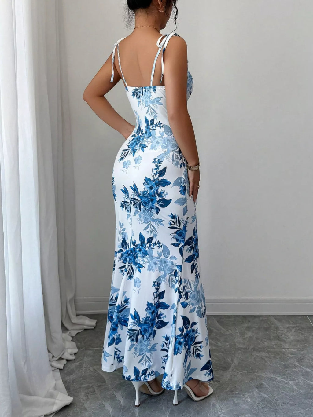 Printed Tie Strap Slit Maxi Dress - Godess beauty  #