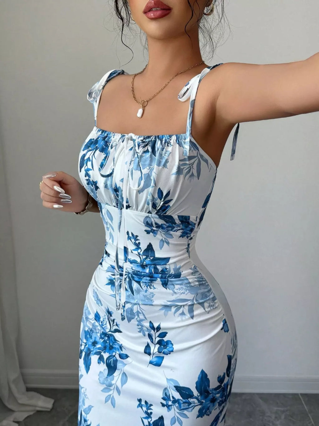 Printed Tie Strap Slit Maxi Dress - Godess beauty  #