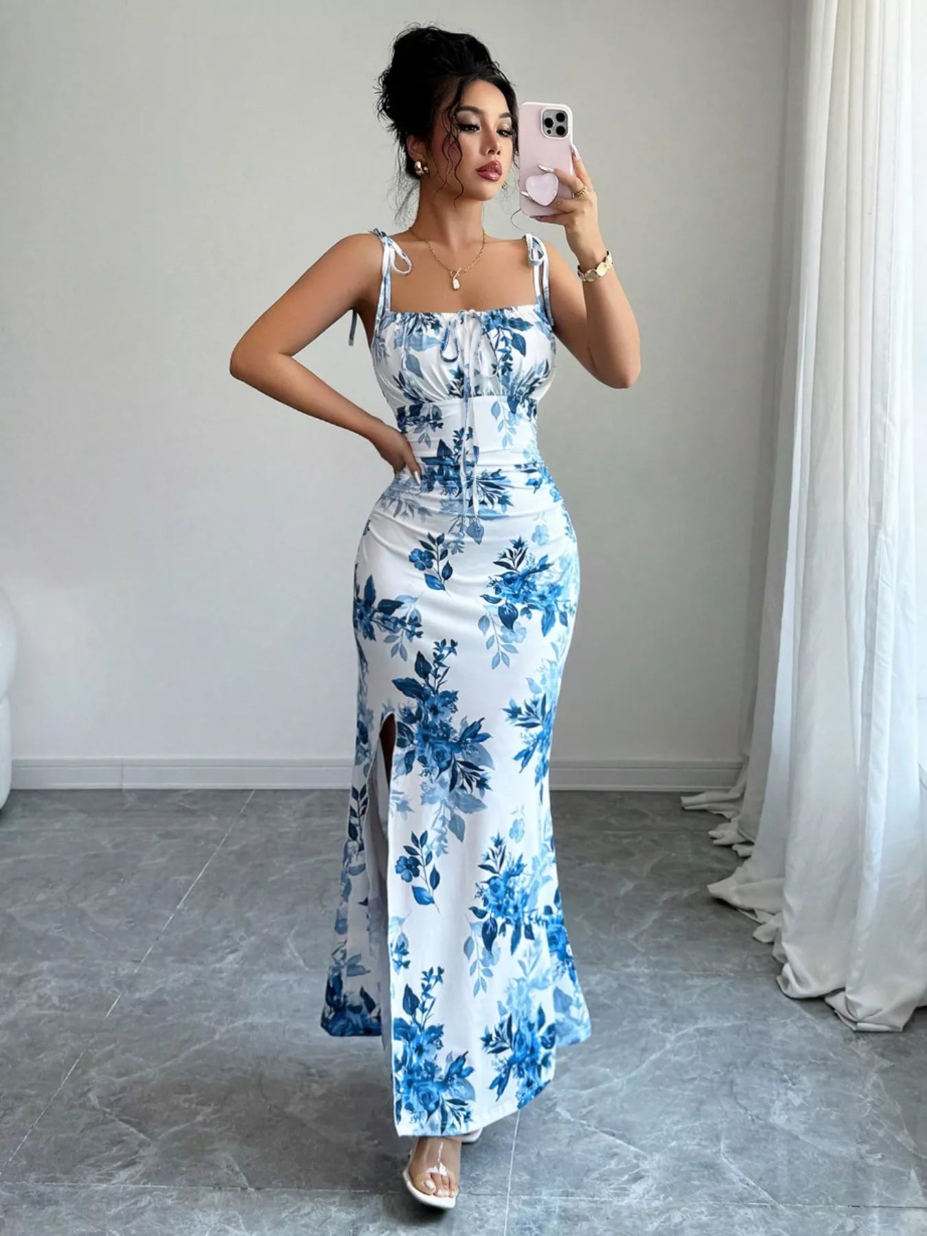 Printed Tie Strap Slit Maxi Dress - Godess beauty  #