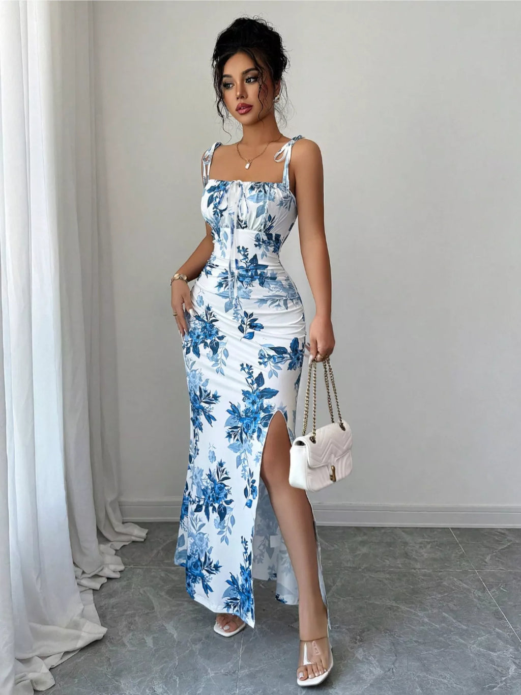 Printed Tie Strap Slit Maxi Dress - Godess beauty  #