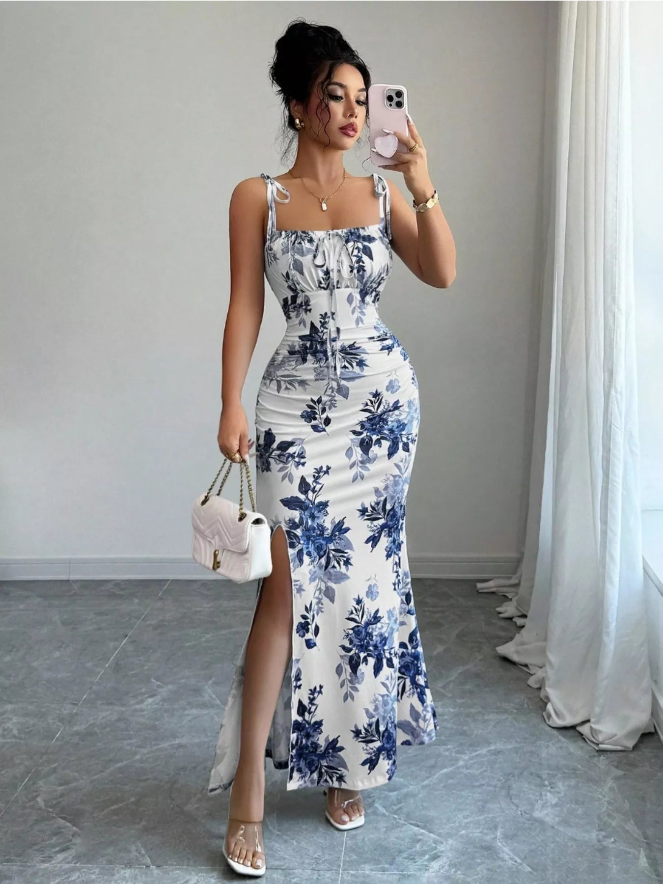 Printed Tie Strap Slit Maxi Dress - Godess beauty  #