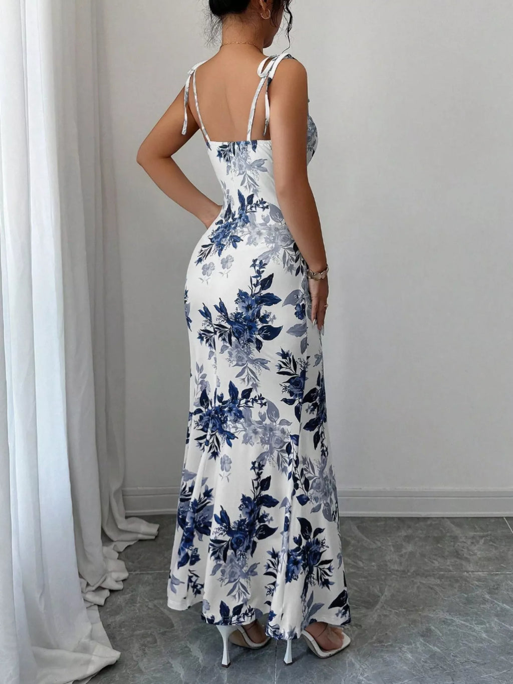 Printed Tie Strap Slit Maxi Dress - Godess beauty  #