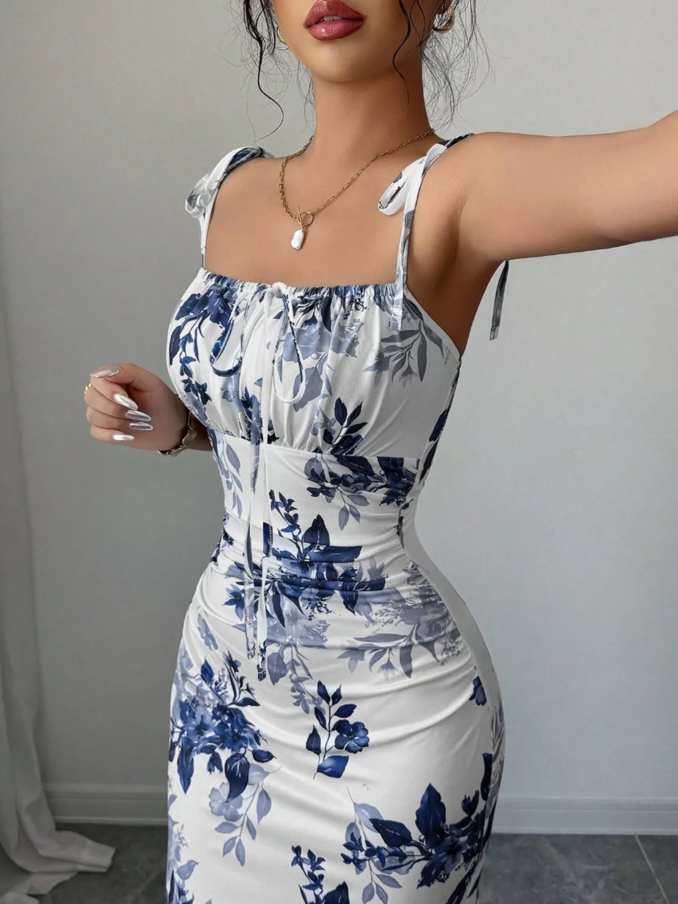 Printed Tie Strap Slit Maxi Dress - Godess beauty  #