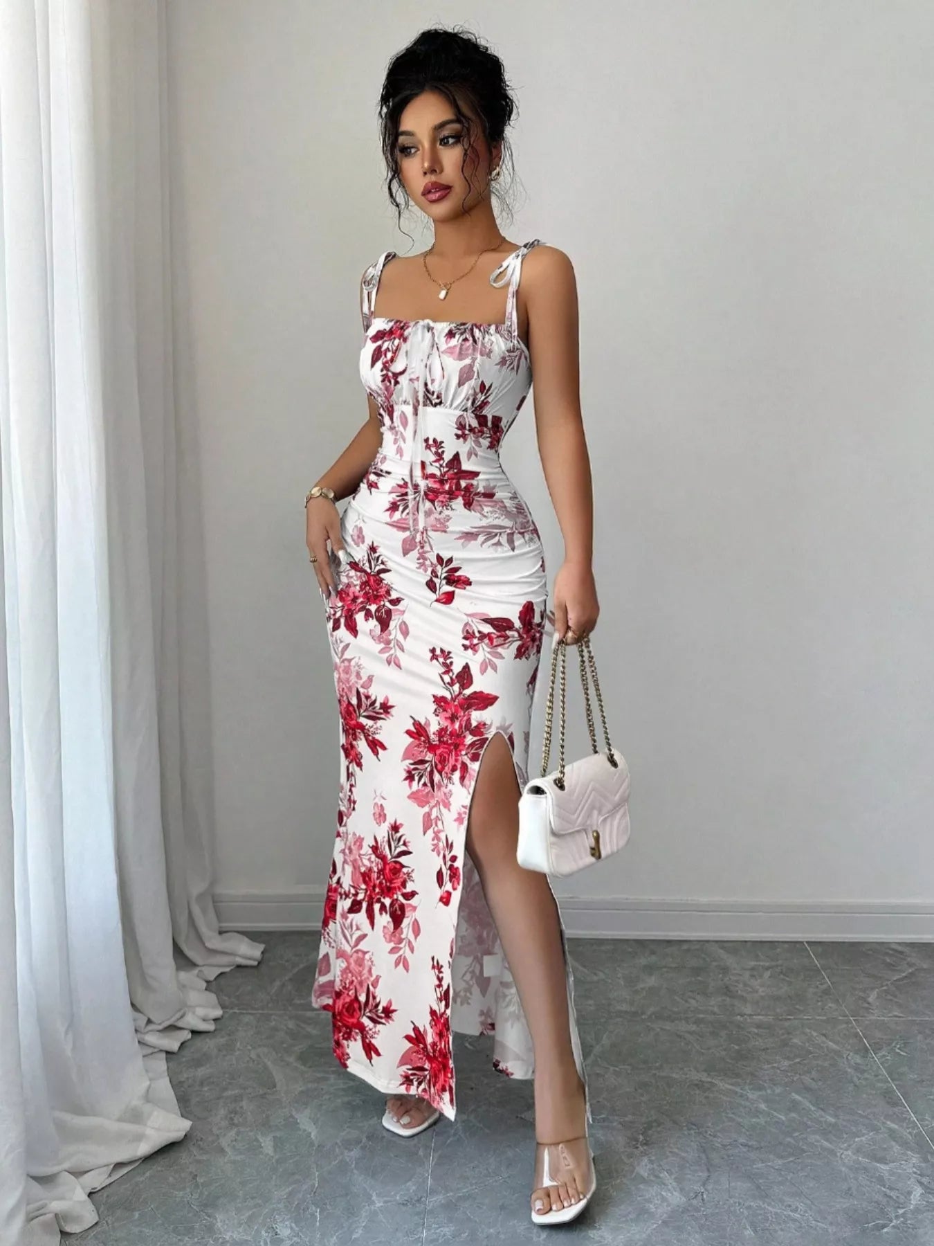 Printed Tie Strap Slit Maxi Dress - Godess beauty  #