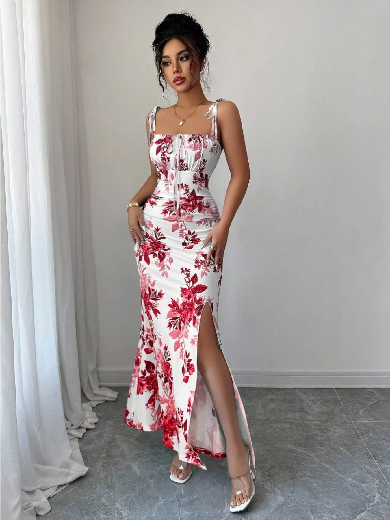 Printed Tie Strap Slit Maxi Dress - Godess beauty  #