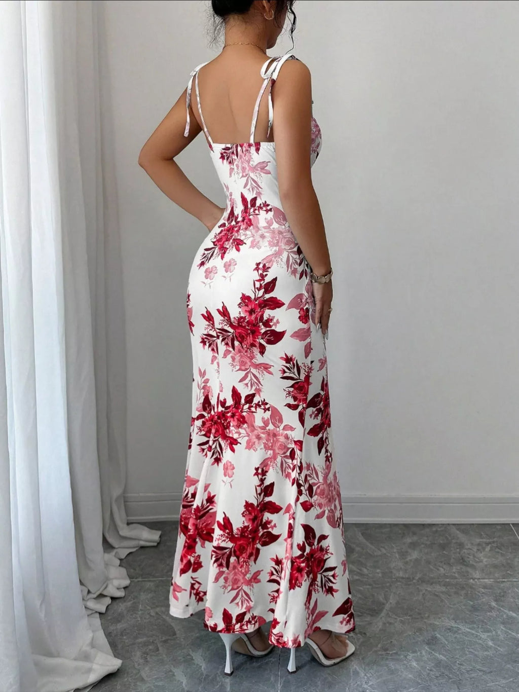 Printed Tie Strap Slit Maxi Dress - Godess beauty  #