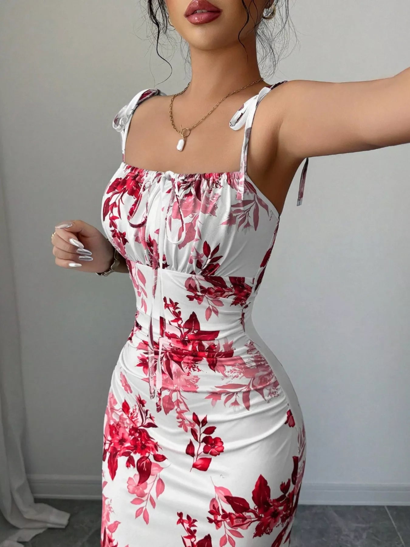 Printed Tie Strap Slit Maxi Dress - Godess beauty  #