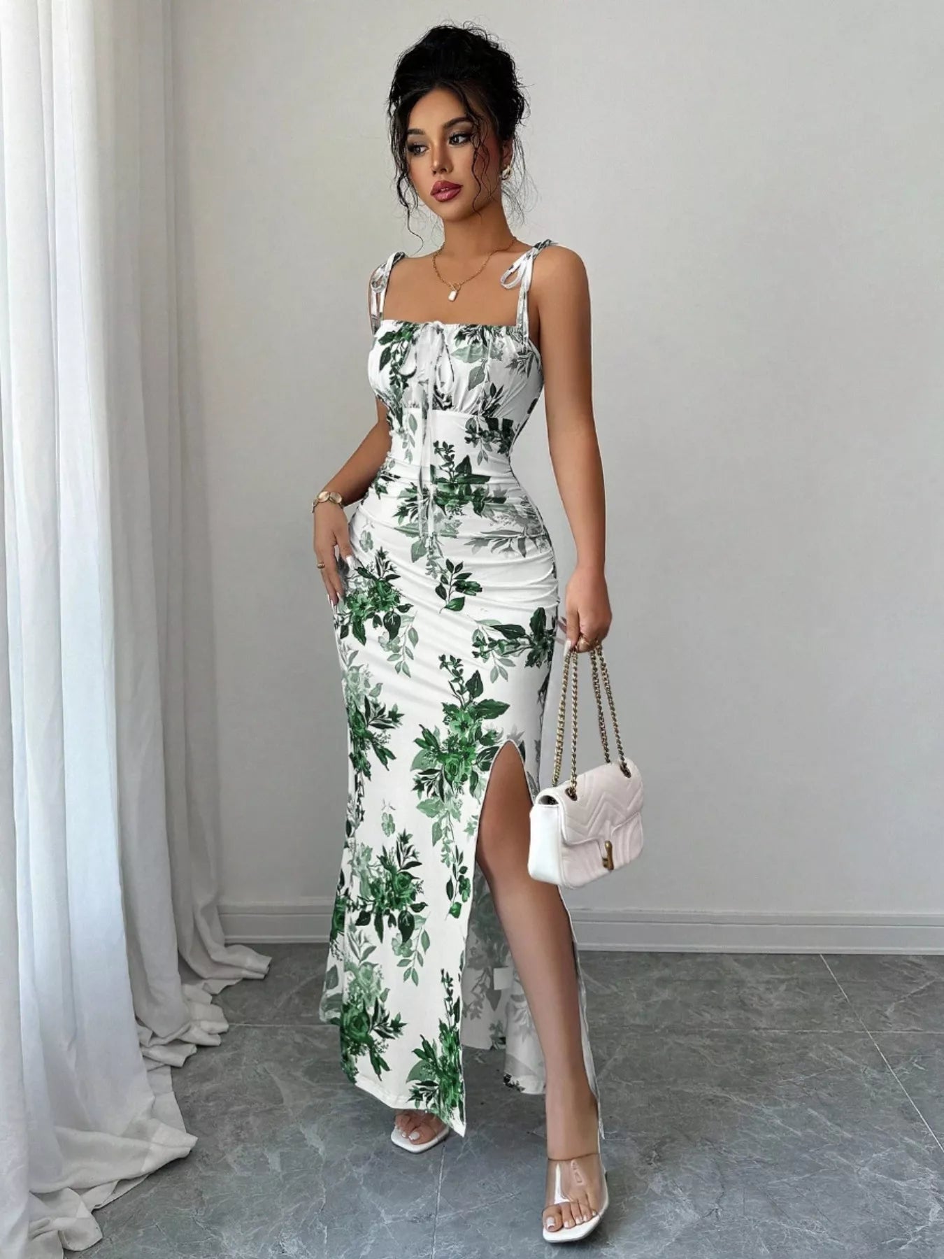 Printed Tie Strap Slit Maxi Dress - Godess beauty  #