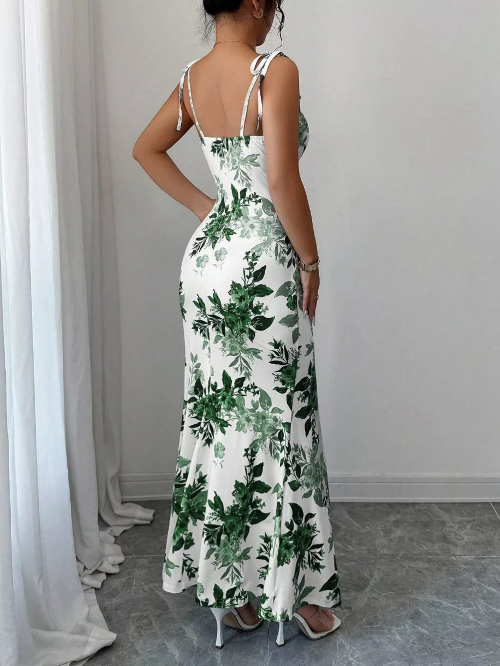Printed Tie Strap Slit Maxi Dress - Godess beauty  #