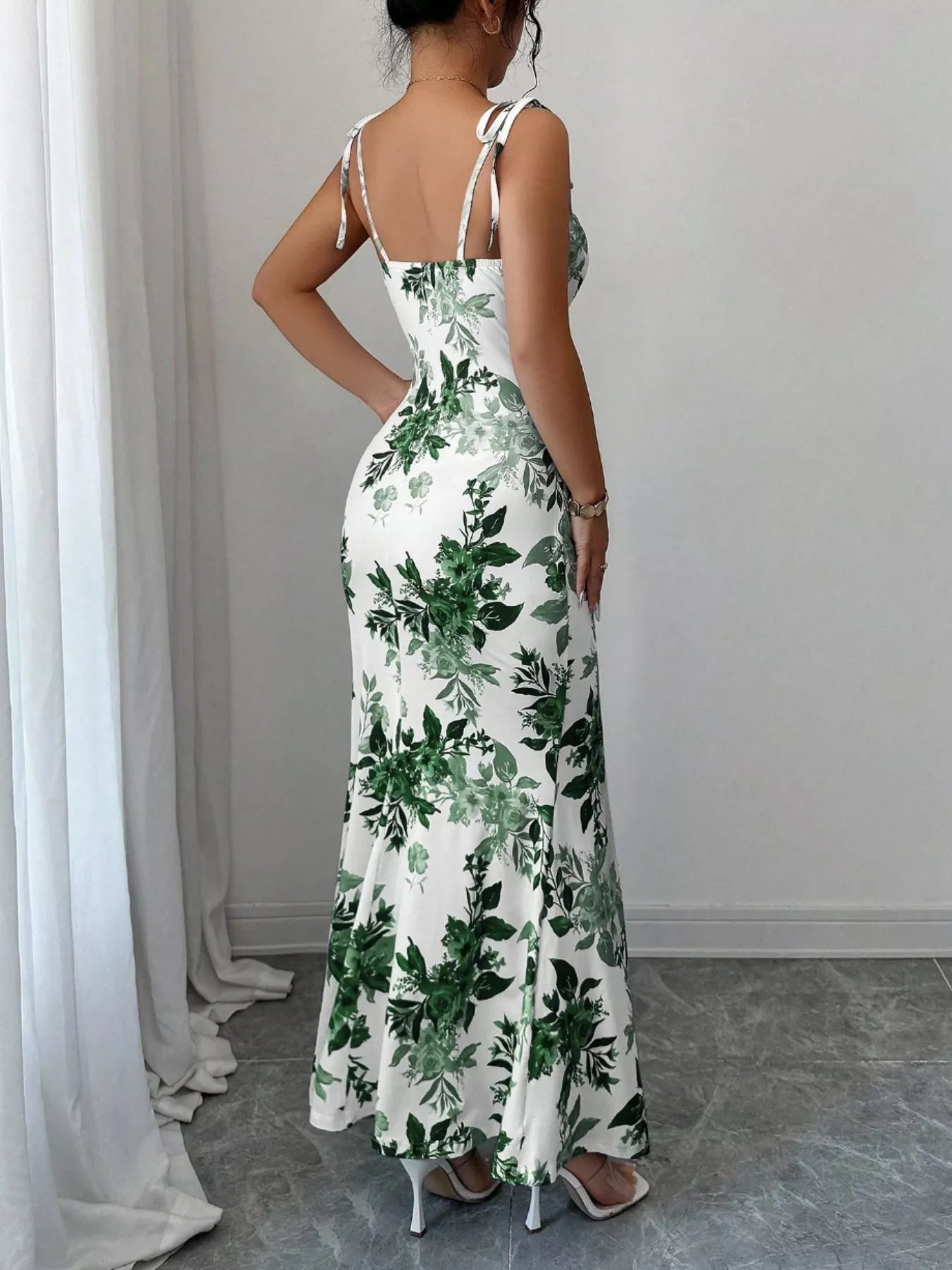 Printed Tie Strap Slit Maxi Dress - Godess beauty  #