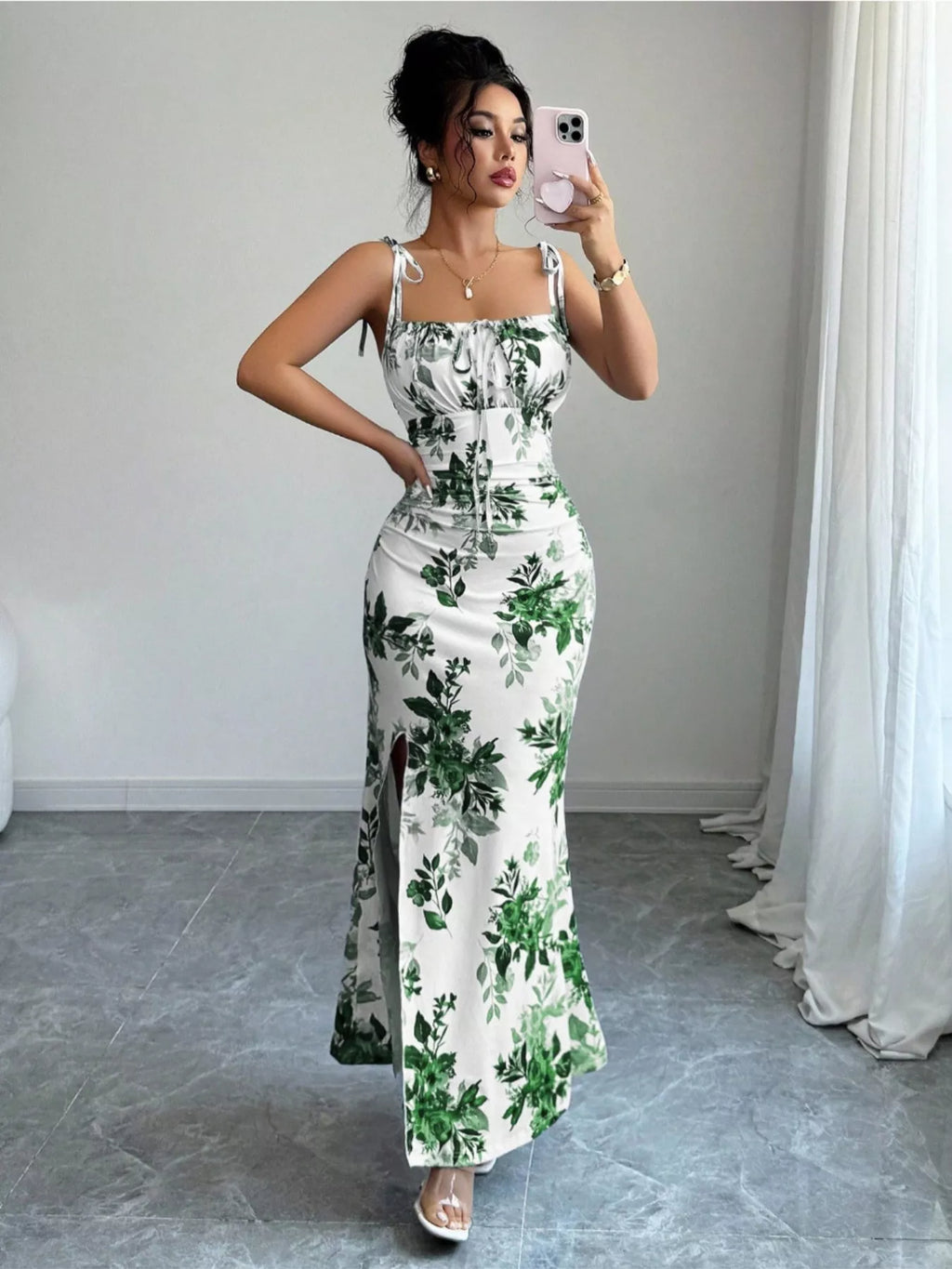 Printed Tie Strap Slit Maxi Dress - Godess beauty  #